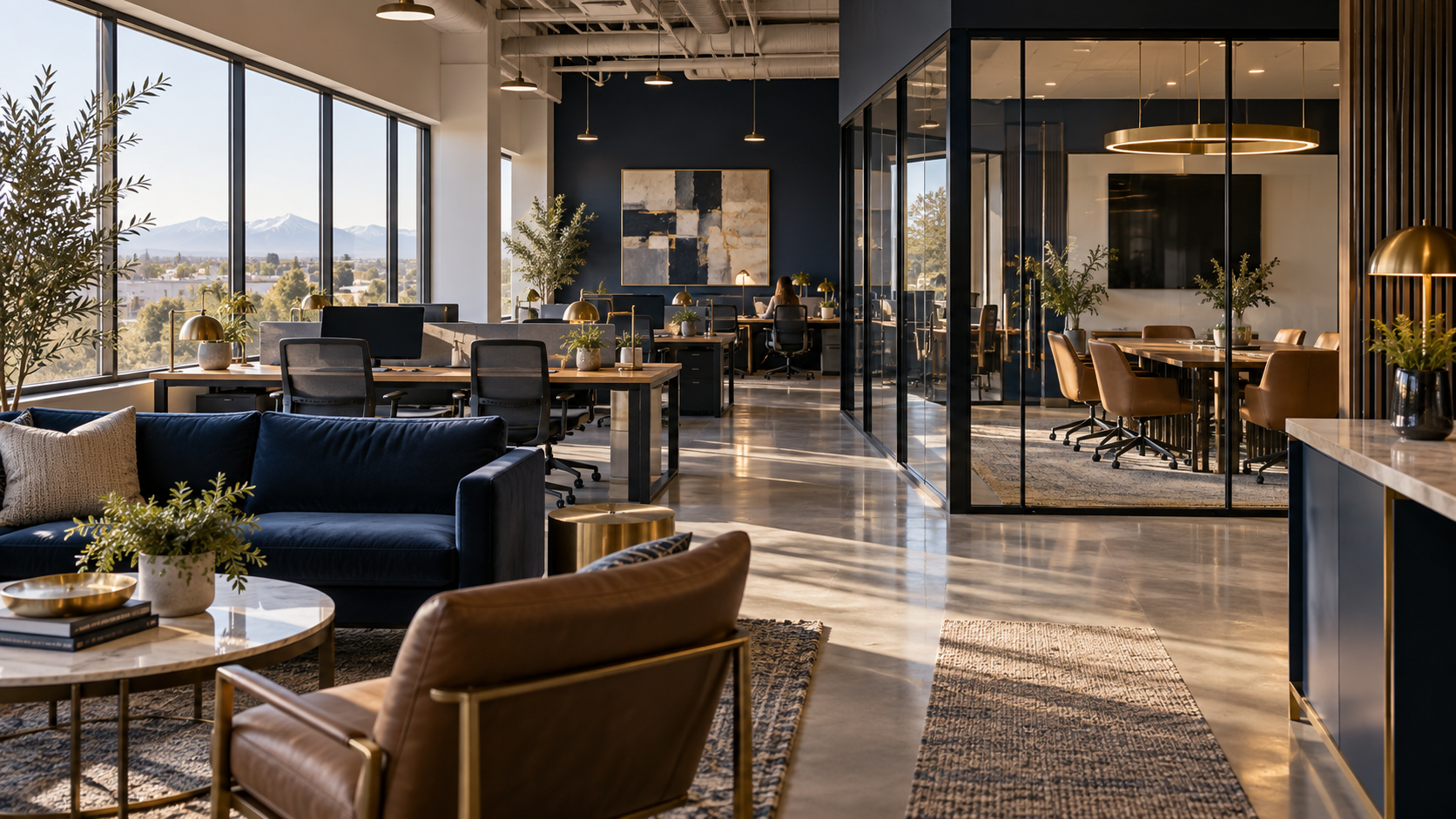 Warm modern coworking space with desks and meeting room